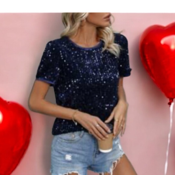 Sequin Embellished Shining Sparkling Navy Blue Top Large In Packaging - Picture 1 of 10